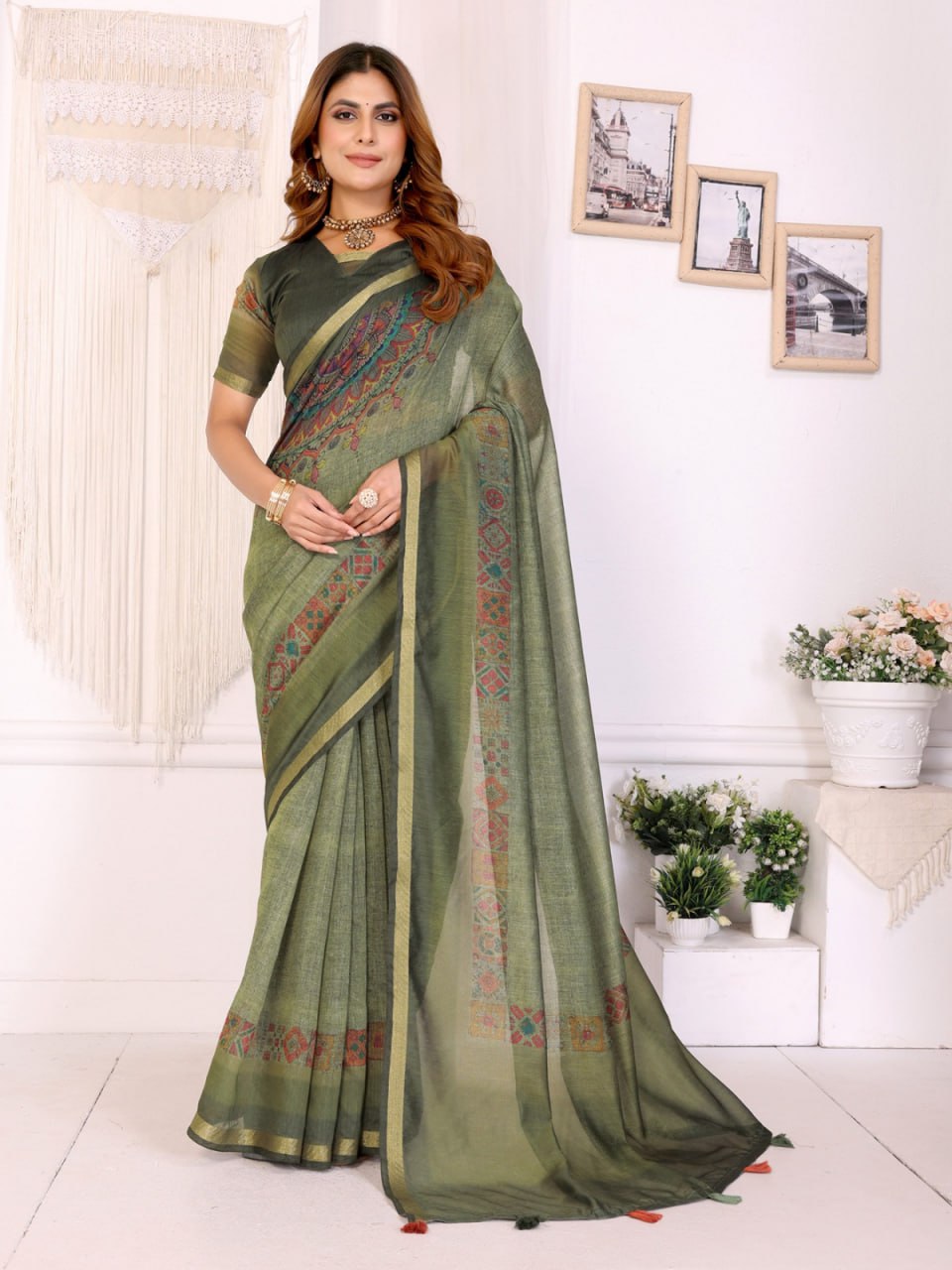 Chanderi Olive Digital Print Saree With Unstiched Blouse Piece