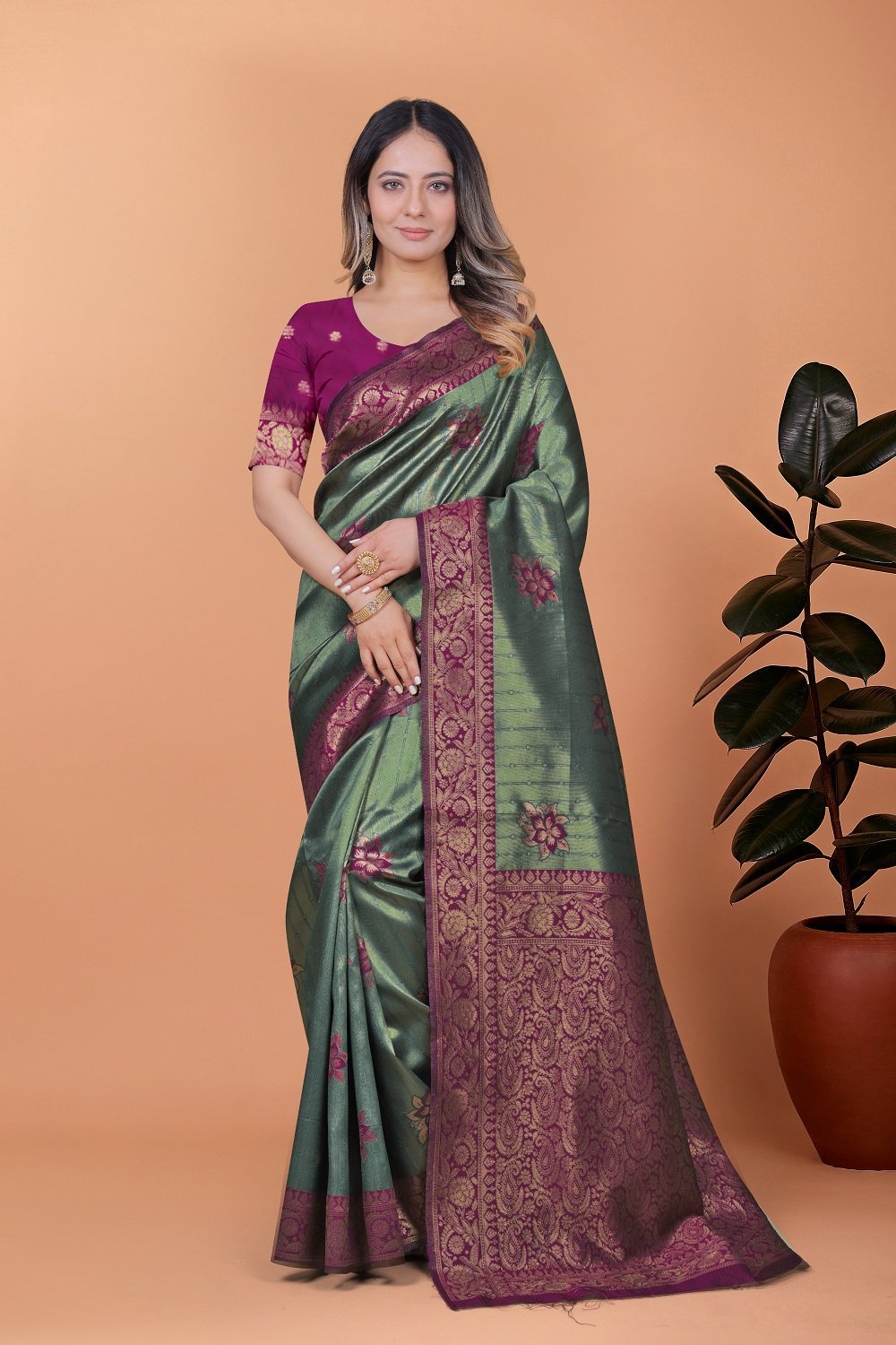 Avantini Emerald Plum Floral Zari Accents Banarasi Silk Saree With Unstitched Blouse Piece