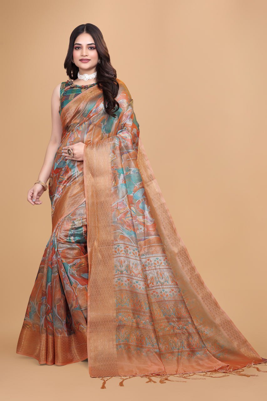 Avantini Banarasi Silk Woven Orange Saree With Unstitched Blouse Piece