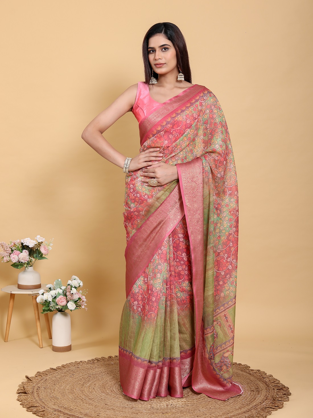 Elegant Pink-Green Jacquard Linen Cotton Saree With Blouse Piece