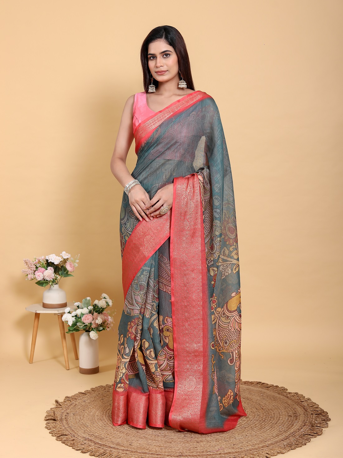 Elegant Peacock & Floral Kalamkari Design Linen Cotton Saree With Blouse Piece