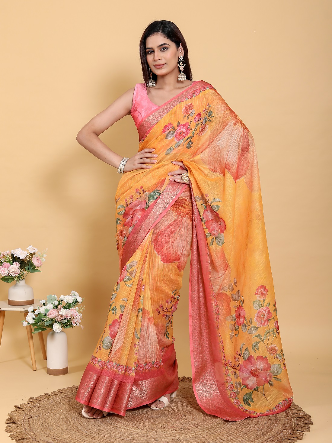 Vibrant Sunshine Yellow Floral Print Linen Cotton Saree With Blouse Piece