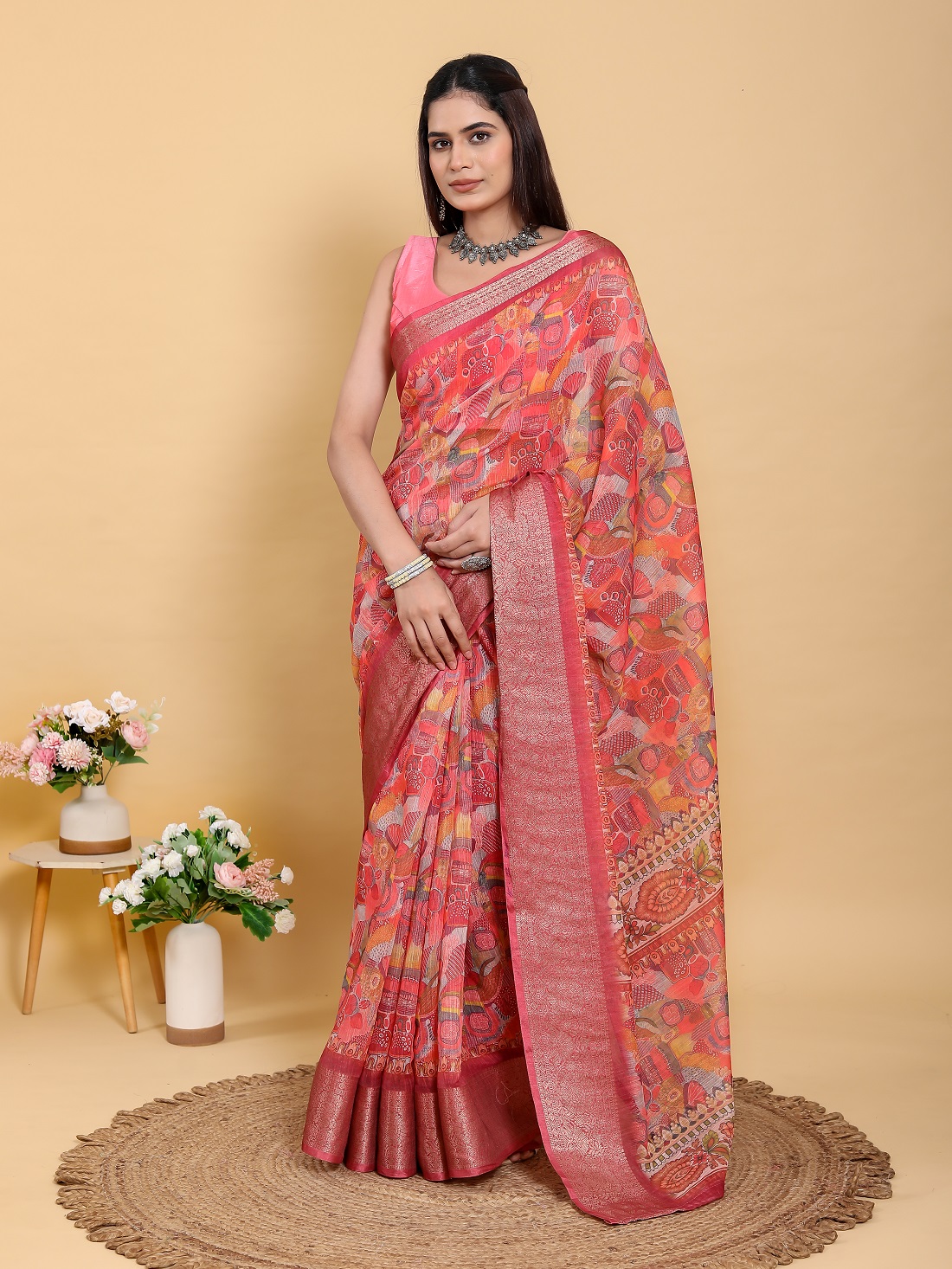 Artistic Brown & Teal Motif Linen Cotton Saree With Blouse Piece