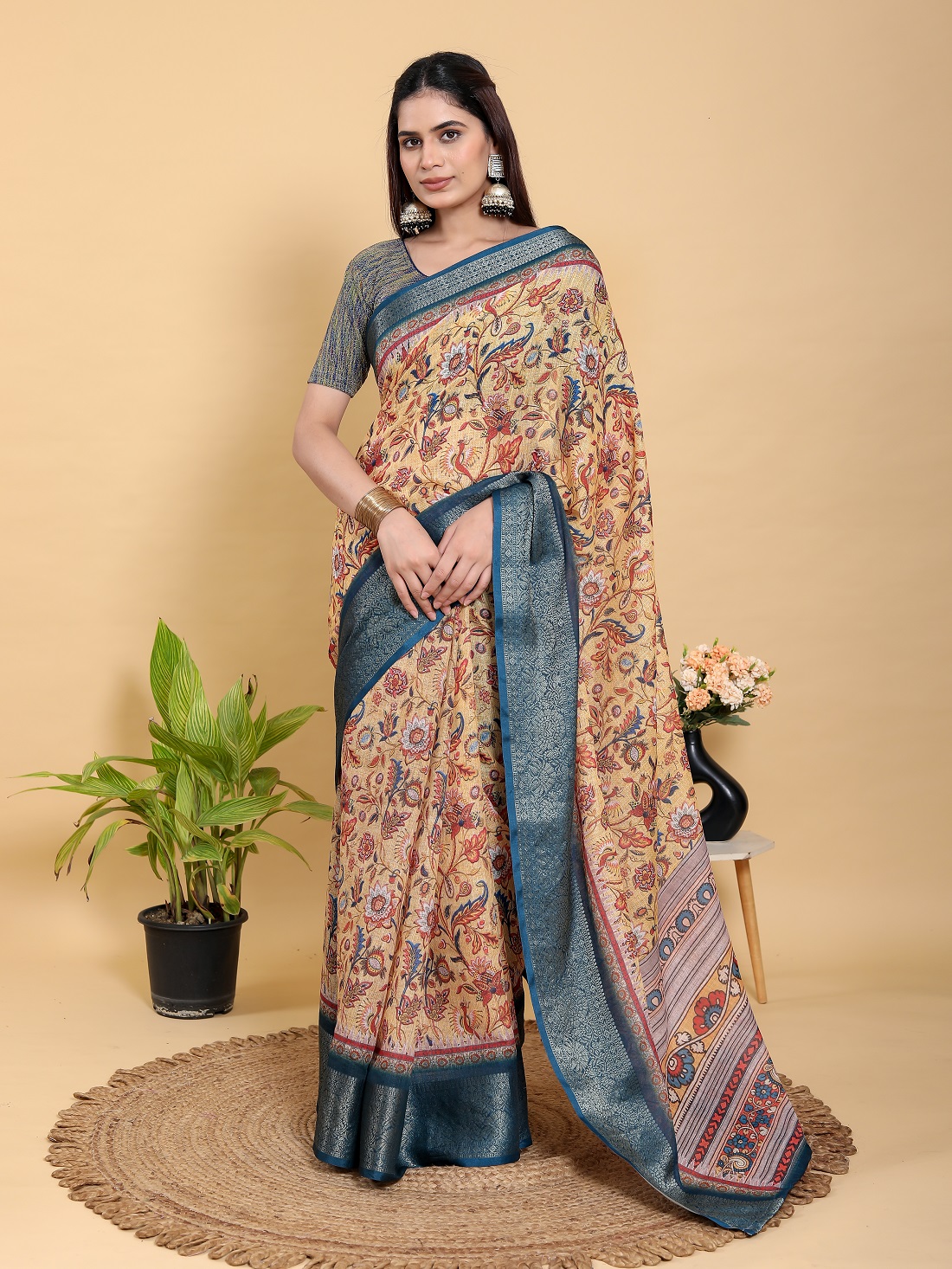 Artistic Mustard & Blue Floral Linen Cotton Saree With Blouse Piece