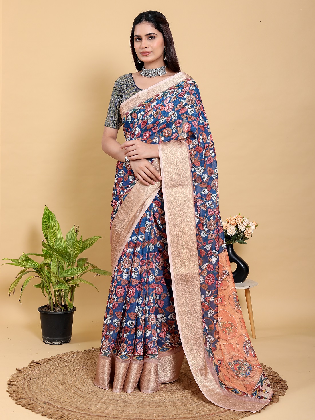 Artistic Navy & Copper Floral Linen Cotton With Blouse Piece