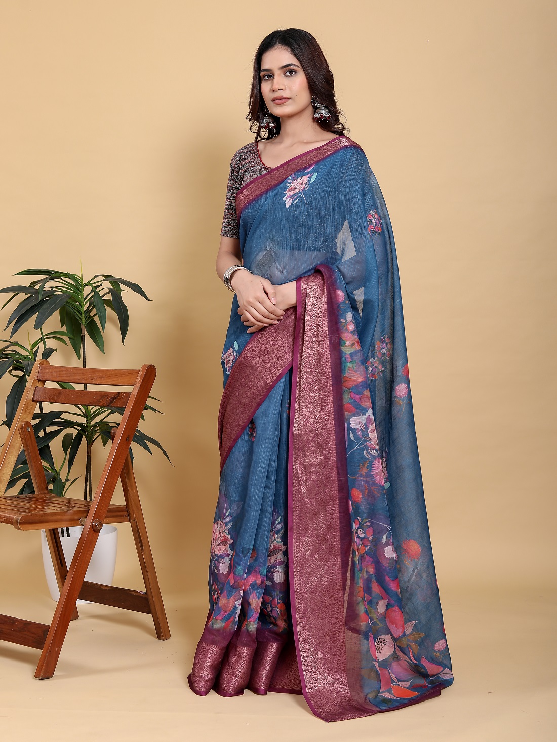 Elegant Teal Blue Floral Print Saree with Maroon Zari Border With Blouse Piece