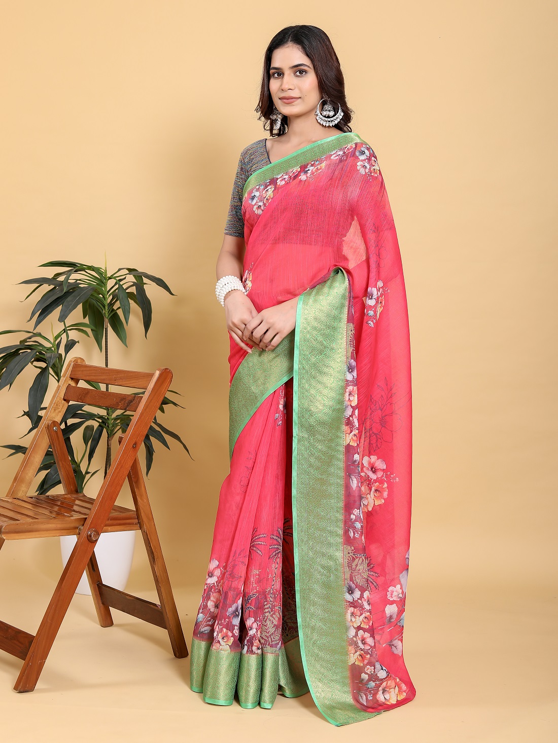 Vibrant Rani Pink Floral Saree with Contrast Green Zari Border With Blouse Piece