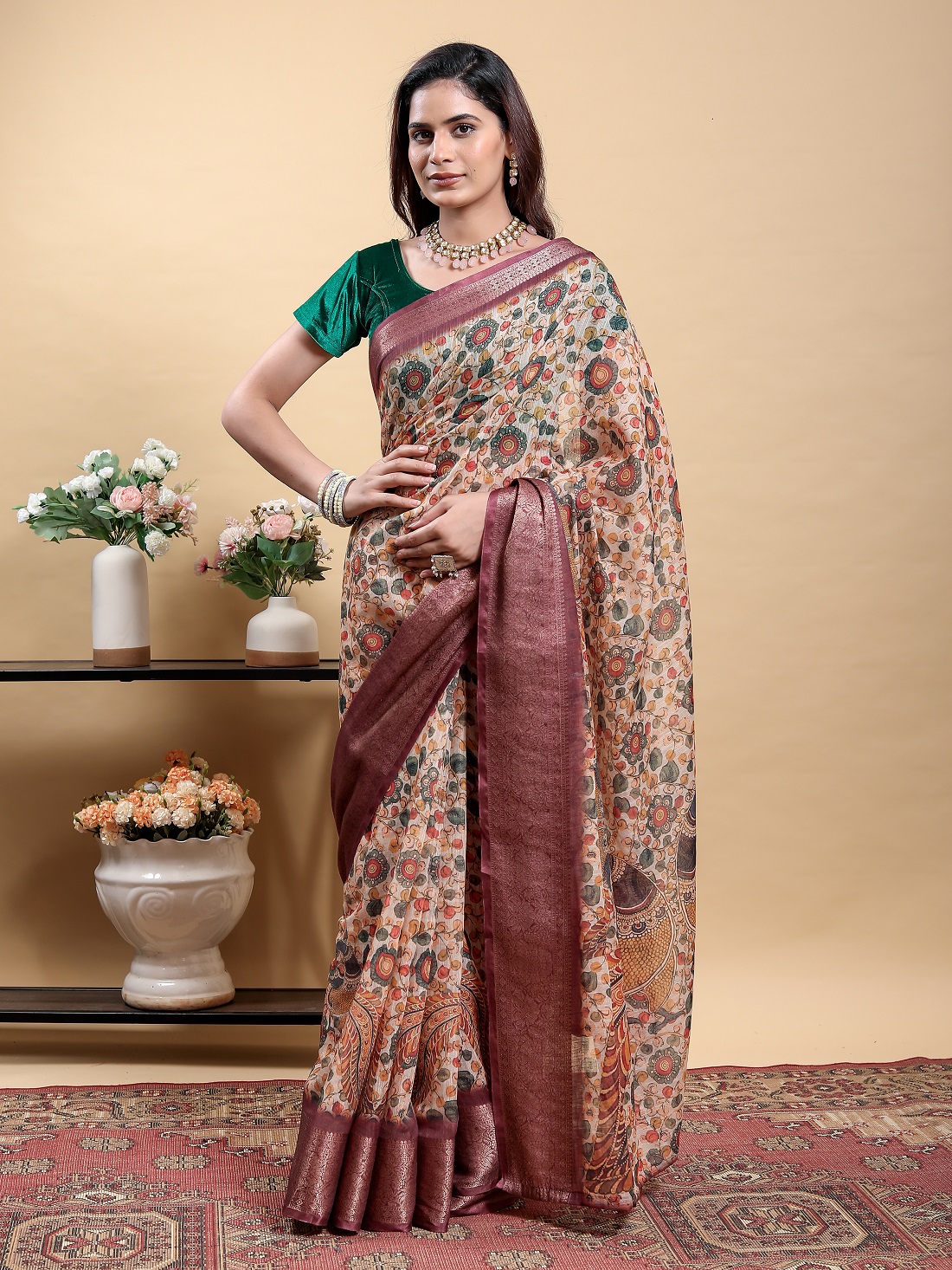 Elegant Peach/Beige Kalamkari Saree with Peacock Print and Maroon Border With Blouse Piece