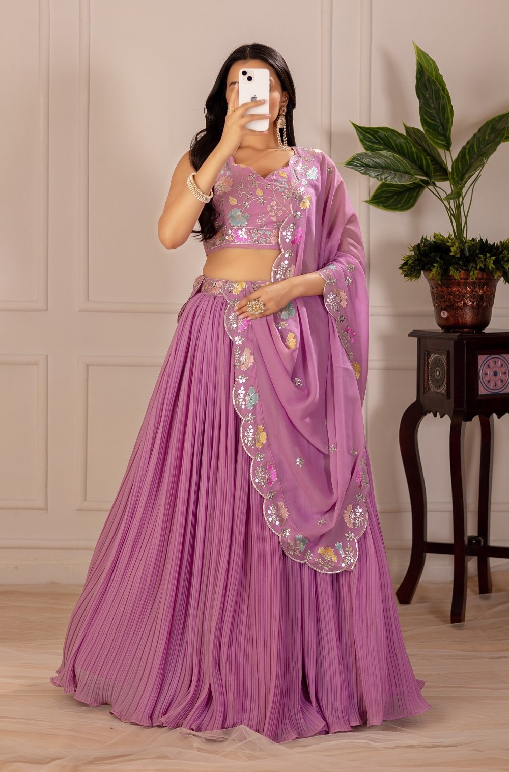 Malishka Export Womens Pink Faux Georgette Embroidery Lehenga Choli Set