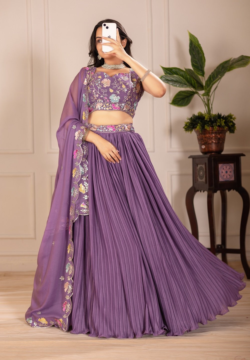 Malishka Export Womens Purple Faux Georgette Embroidery Lehenga Choli Set