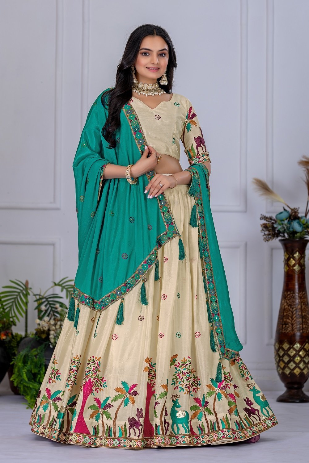 Malishka Export Womens Firozi Chinnon Silk Embroidery Lehenga Choli Set