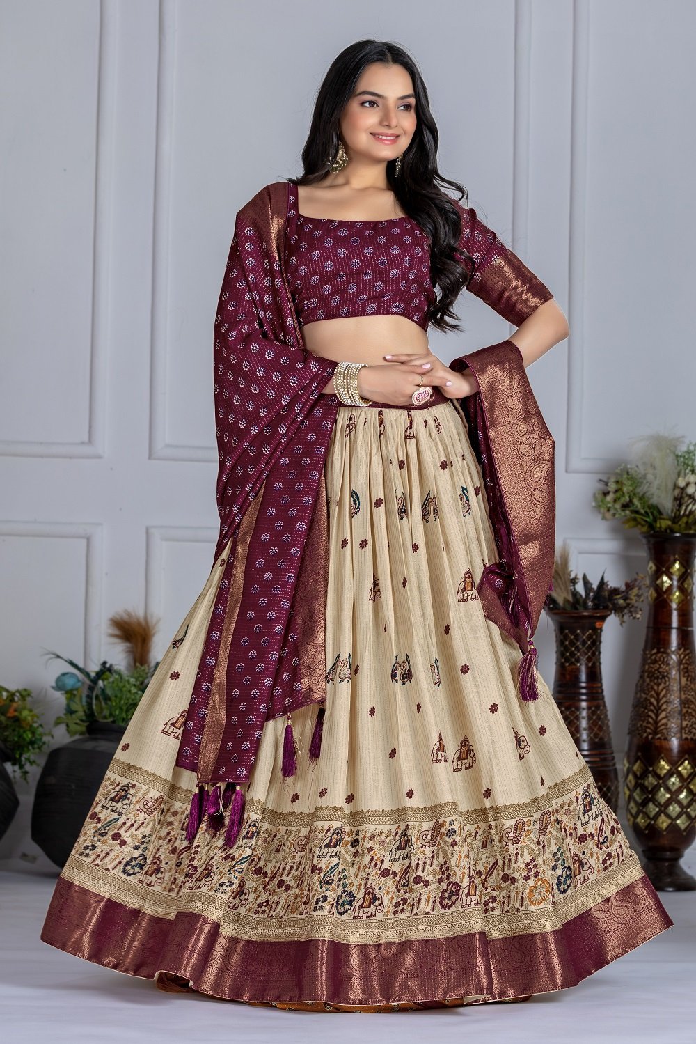 Malishka Export Womens Wine Heavy Lichi Fabric WIth Jacquard Border Lehenga Choli Set