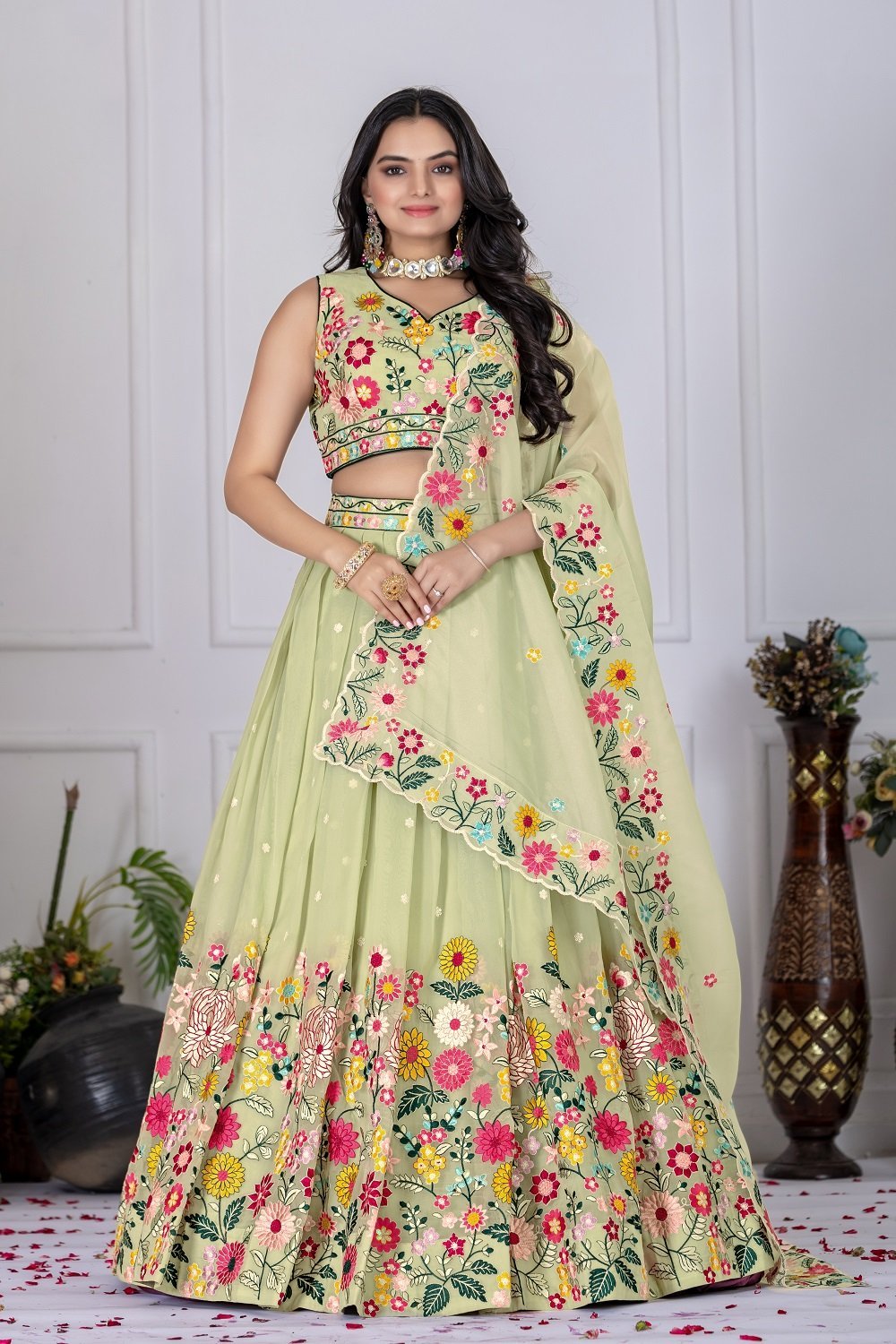 Malishka Export Womens Pastel Green Crystel Fabric Embroidery Lehenga Choli Set