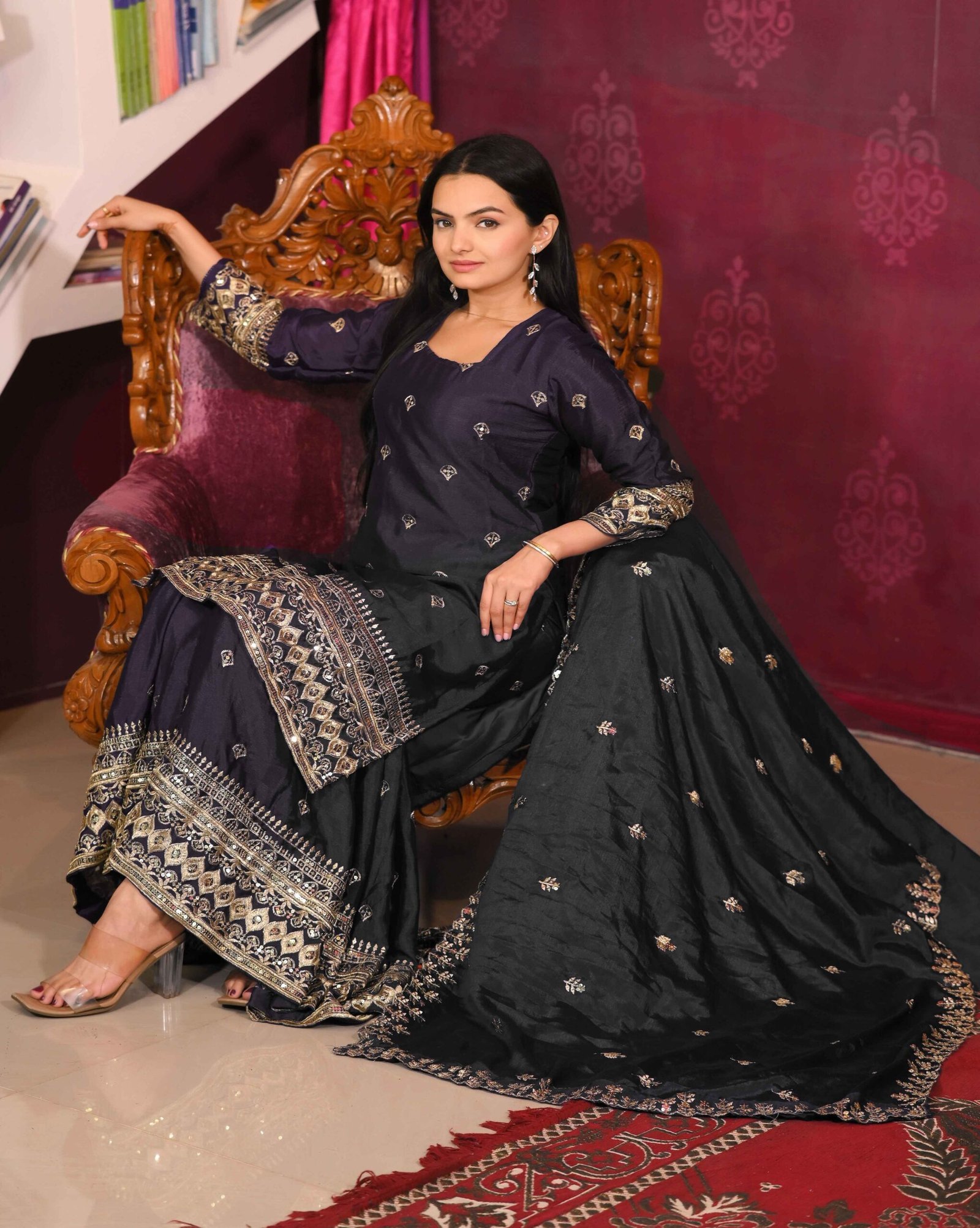 Avantini Women's Black Rayon Cotton Embroidered Anarkali Kurta Pant With Dupatta