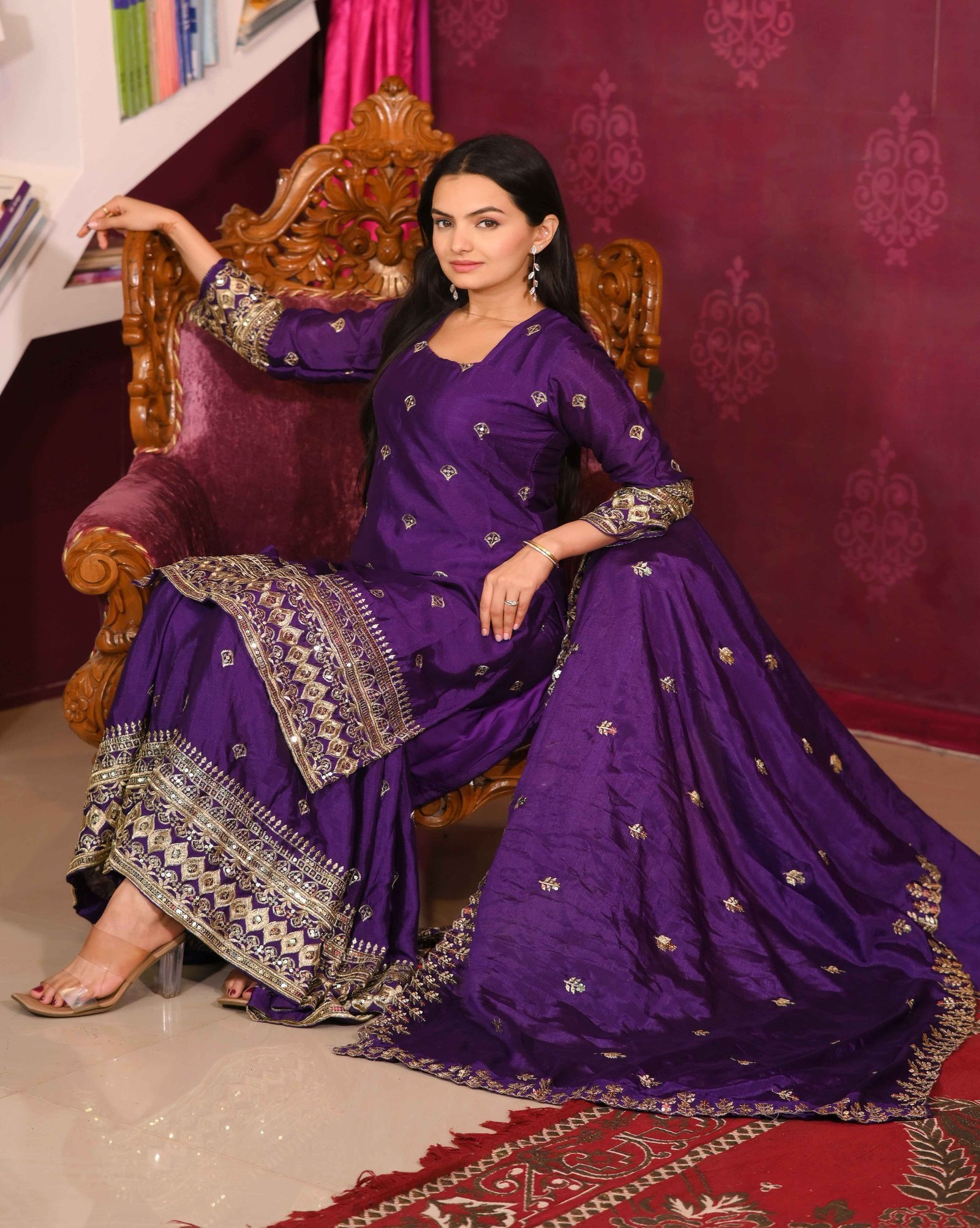 Avantini Women's Black Chinon Embroidered Straight Kurta Sharara With Dupatta