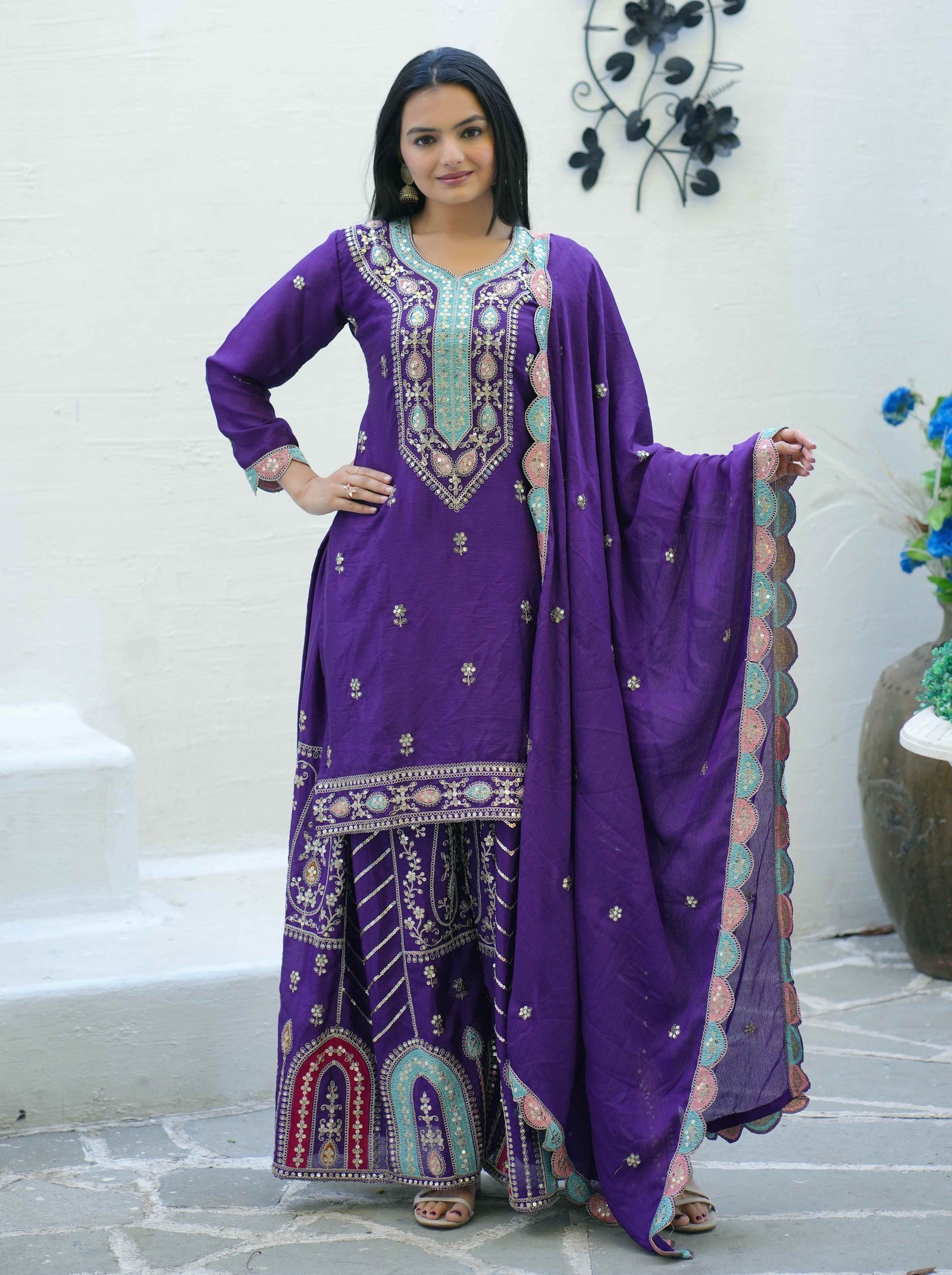 Avantini Women's Purple Chinon Embroidered Straight Kurta Sharara With Dupatta