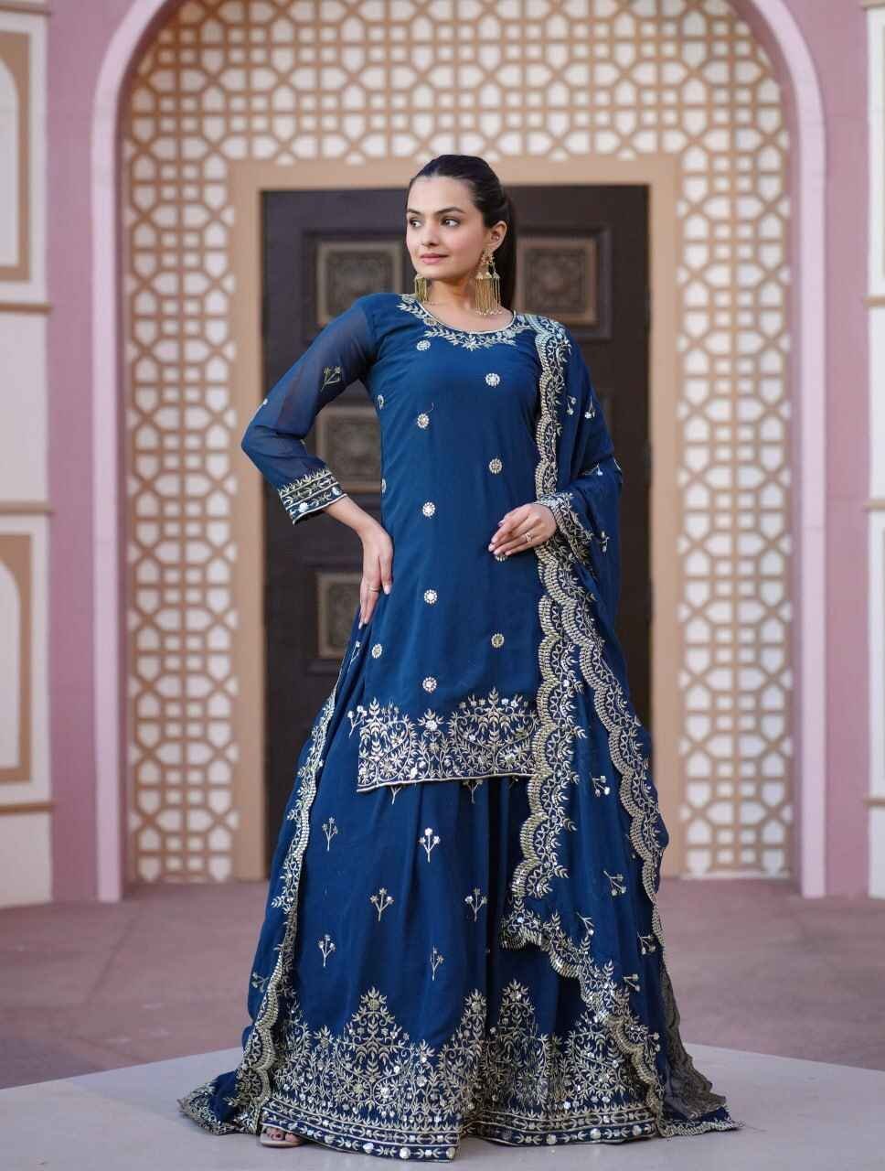 Avantini Women's Wine Chinon Sequence Straight Kurta Sharara With Dupatta