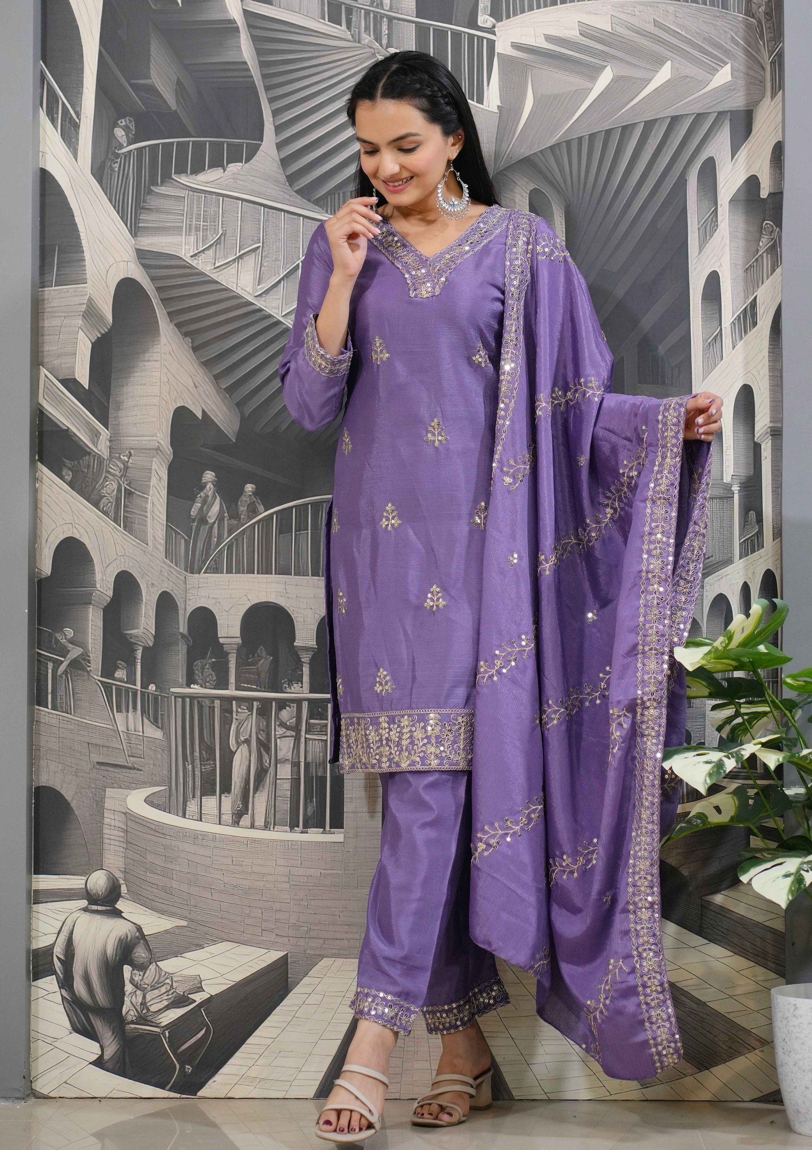 Avantini Women's Navy Blue Chinon Embroidered Straight Kurta Pant With Dupatta