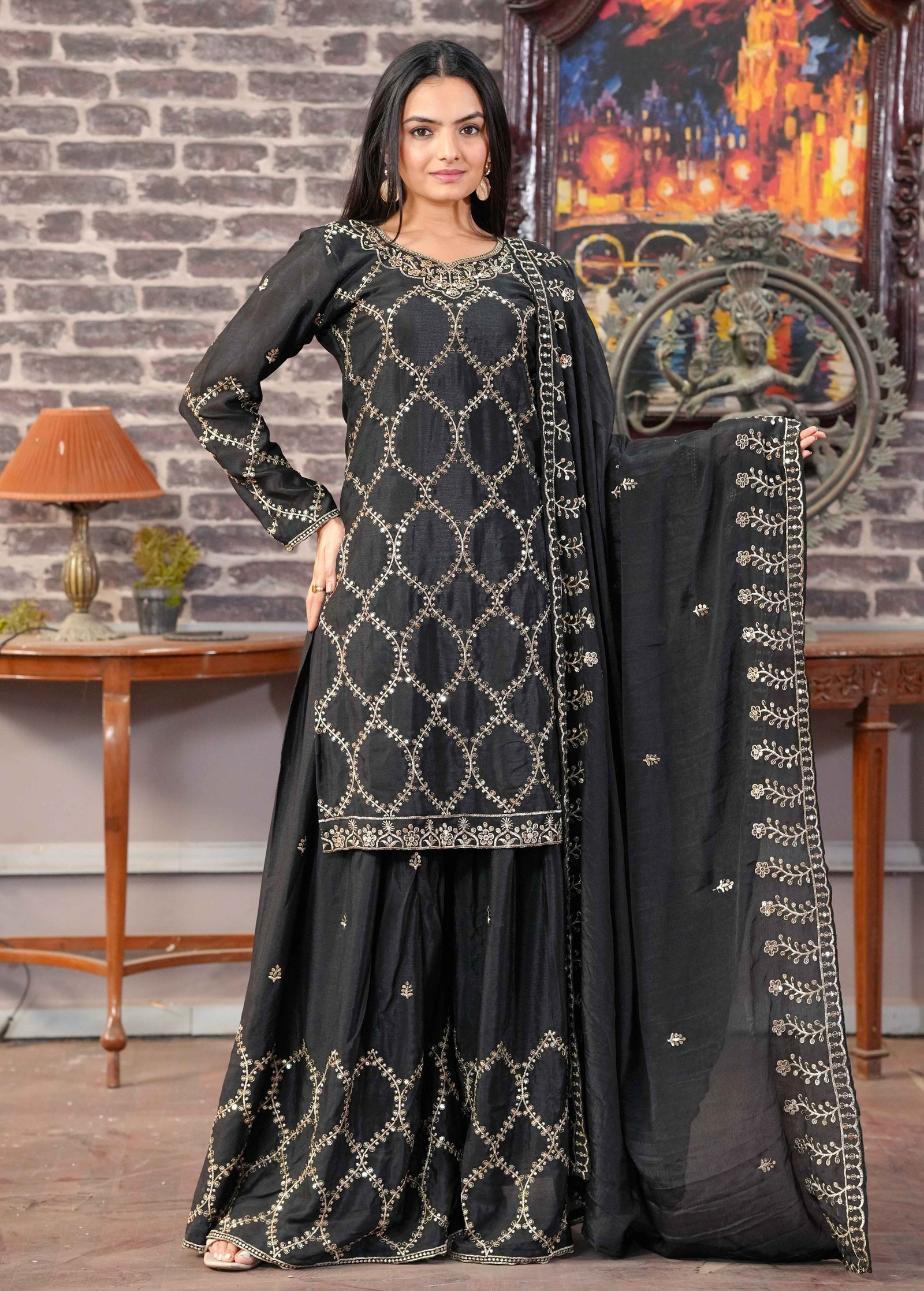 Avantini Women's Orange Chinon Embroidered Straight Kurta Sharara With Dupatta