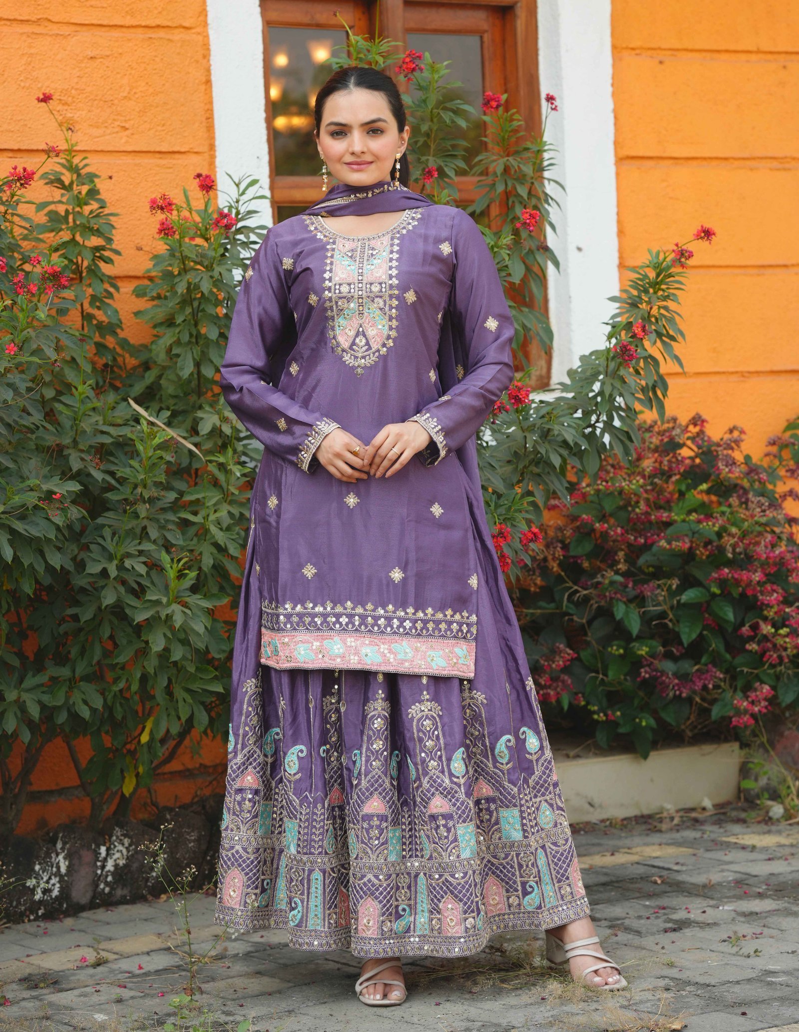 Avantini Women's Black Chinon Embroidered Straight Kurta Sharara With Dupatta