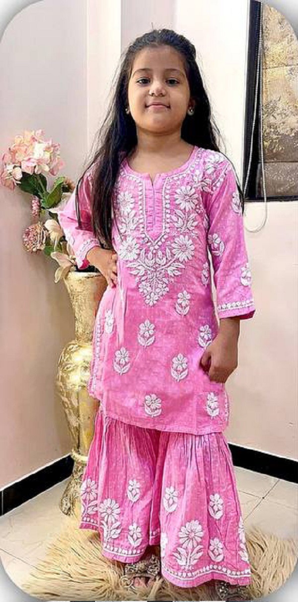 Girl's Rayon Embroidery Straight Kurta With Sharara