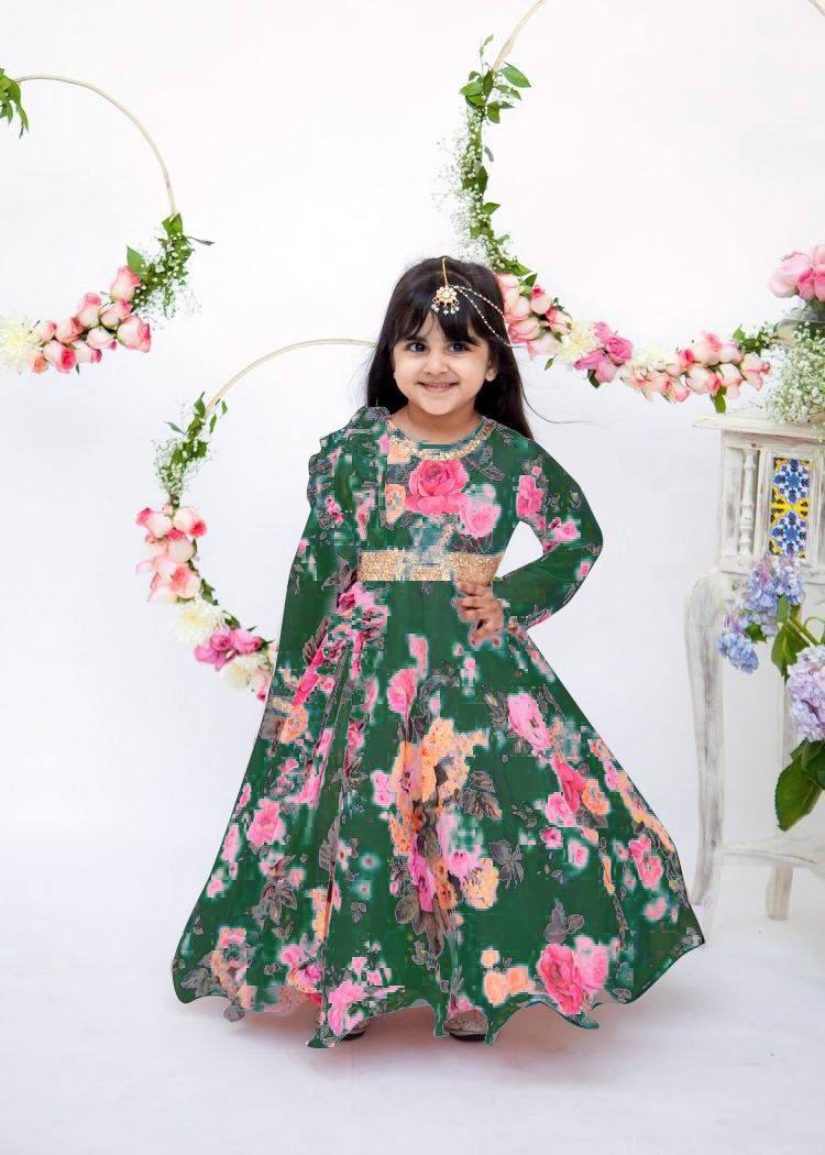Girl's Faux Georgette Digital Print Anarkali Gown With Dupatta