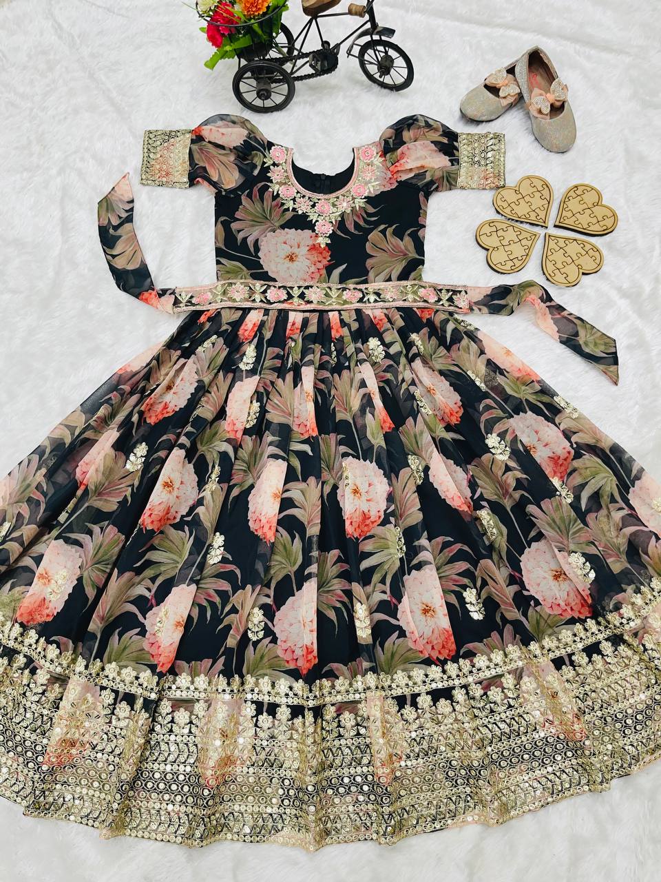 Girl's Faux Georgette Digital Print Anarkali Gown With Dupatta