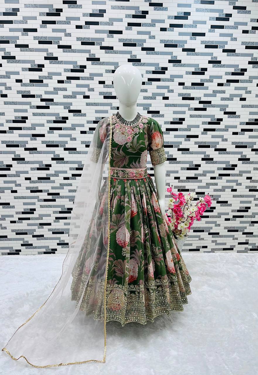 Girl's Faux Georgette Digital Print Anarkali Gown With Dupatta