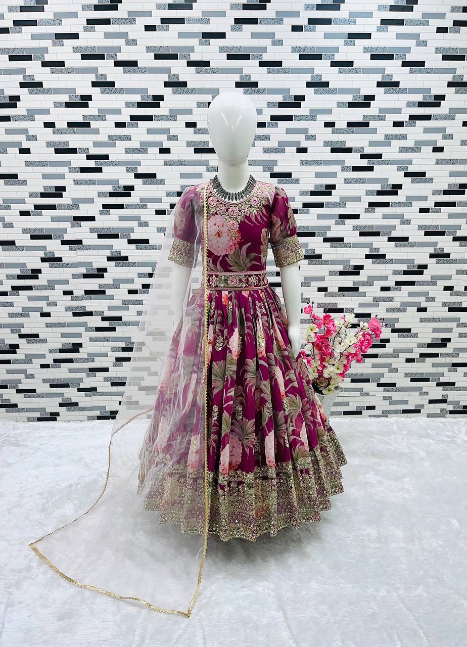 Girl's Faux Georgette Digital Print Anarkali Gown With Dupatta