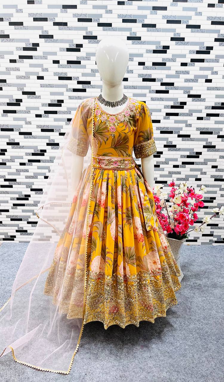 Girl's Faux Georgette Digital Print Anarkali Gown With Dupatta