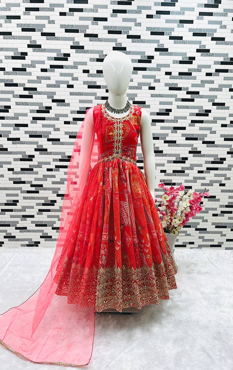 Girl's Faux Georgette Embroidered Anarkali Gown With Dupatta