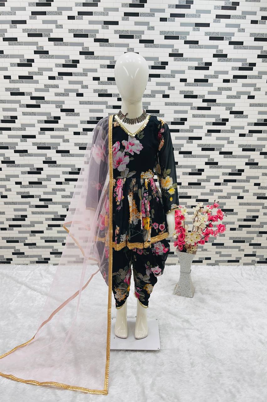 Girl's Faux Georgette Digital Print Flared Top Dhoti With Dupatta