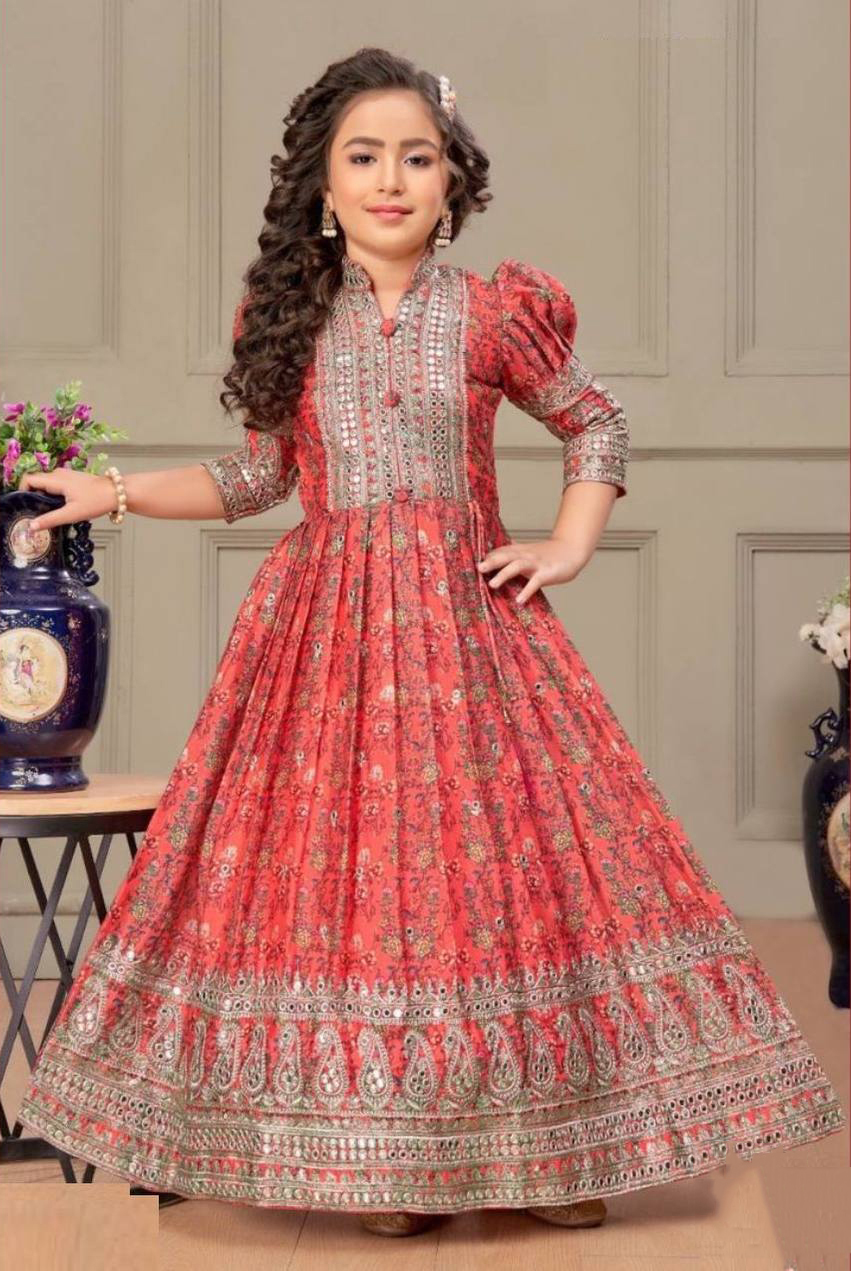 Girl's Chinon Silk Digital Print Anarkali Gown With Dupatta