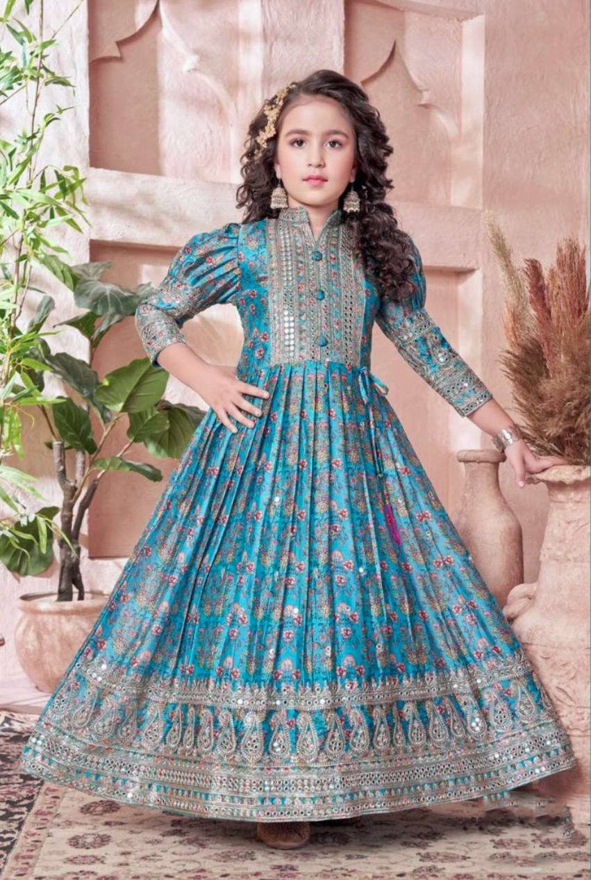 Girl's Chinon Silk Digital Print Anarkali Gown With Dupatta