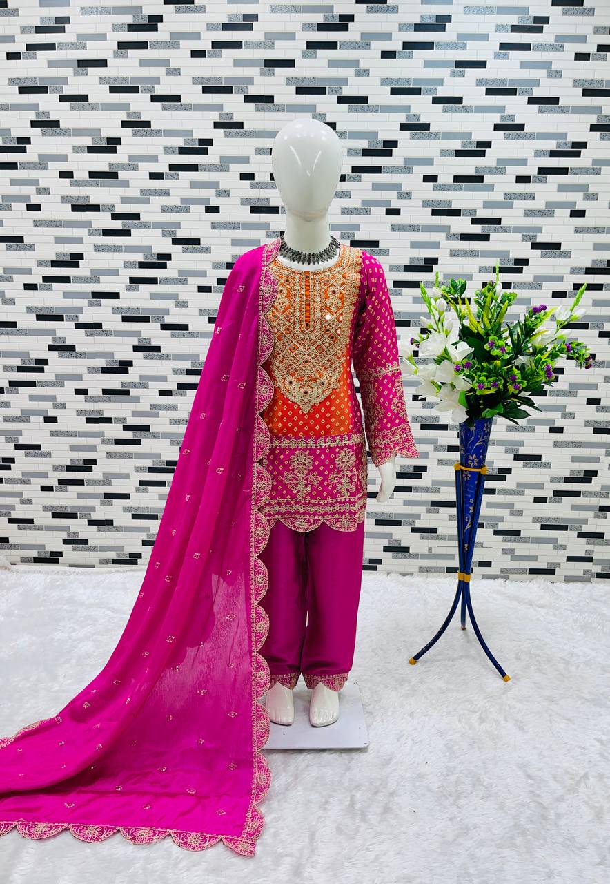 Girl's Chinon Silk Embroidery Straight Kurta Pant With Dupatta