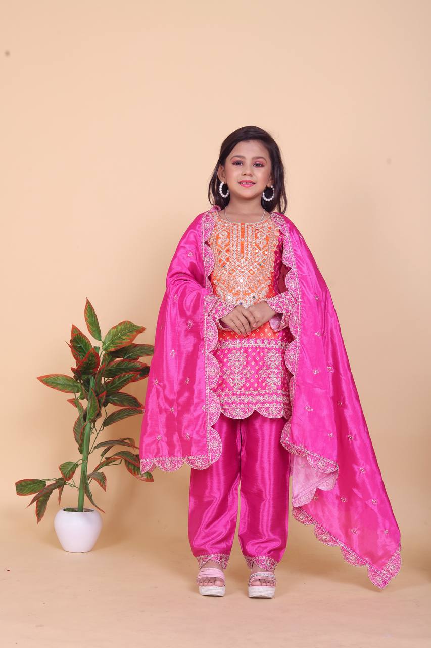 Girl's Chinon Silk Embroidery Straight Kurta Pant With Dupatta