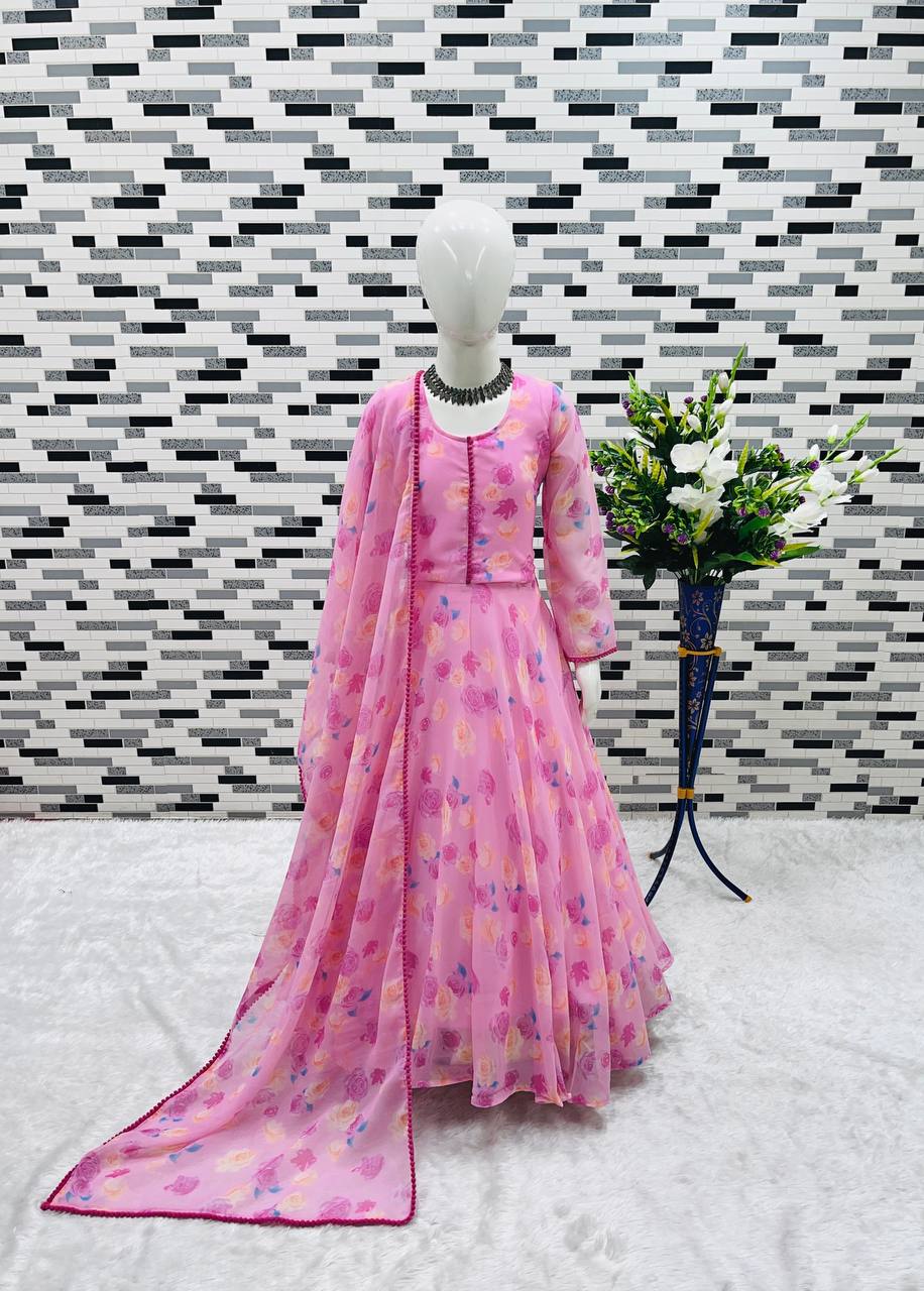 Girl's Faux Georgette Printed Anarkali Gown With Dupatta