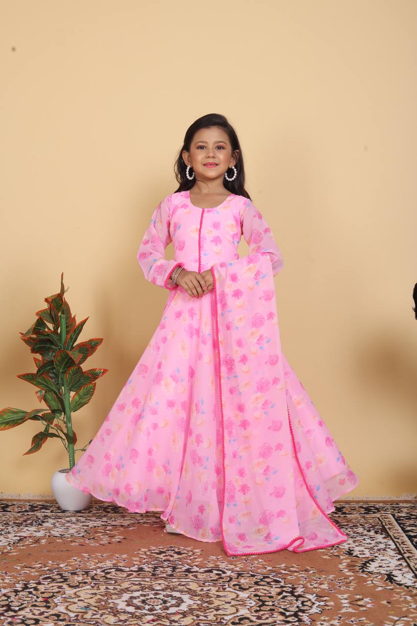 Girl's Faux Georgette Printed Anarkali Gown With Dupatta