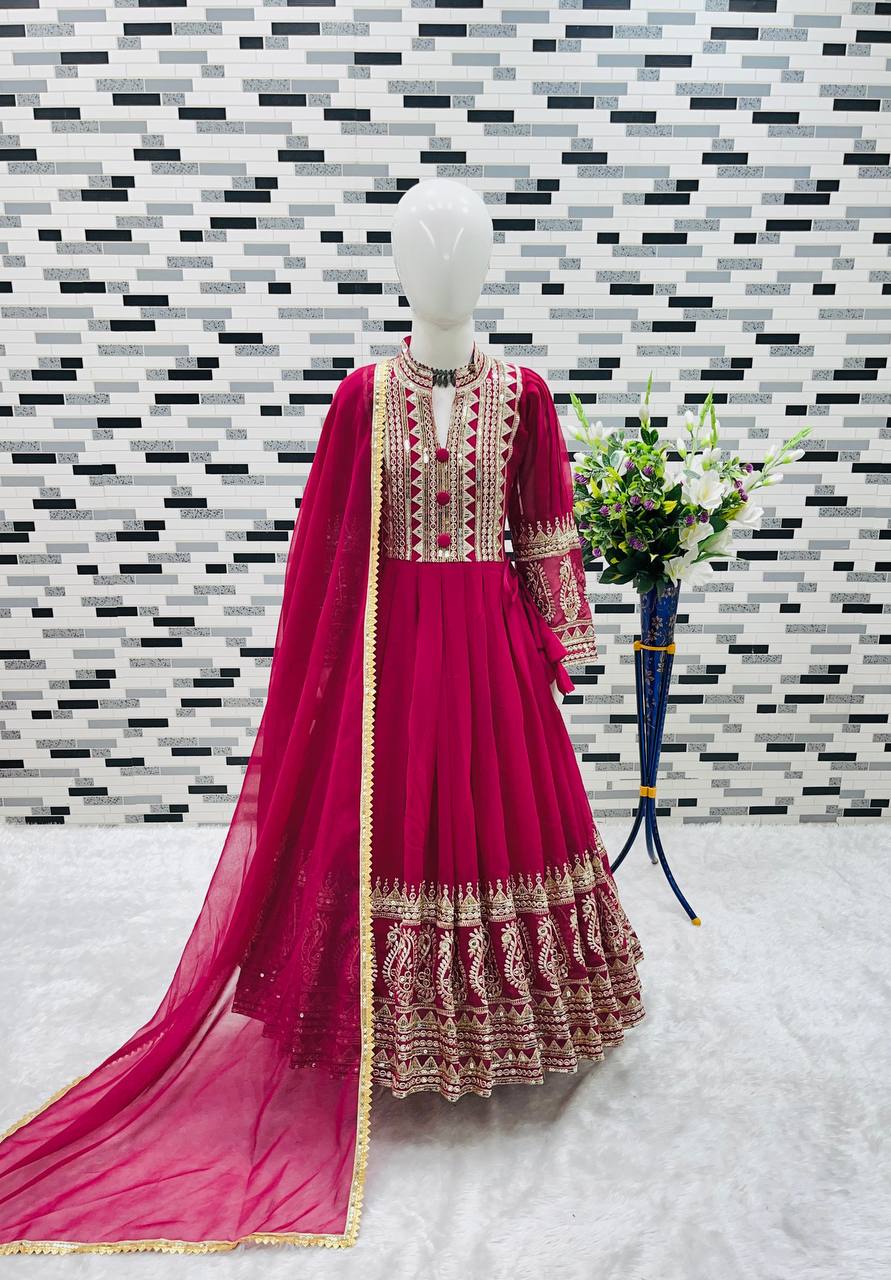 Girl's Faux Georgette Embroidery Anarkali Gown With Dupatta