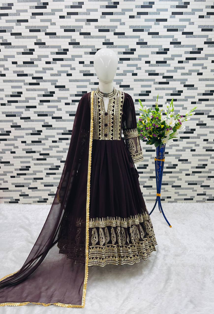Girl's Faux Georgette Embroidery Anarkali Gown With Dupatta