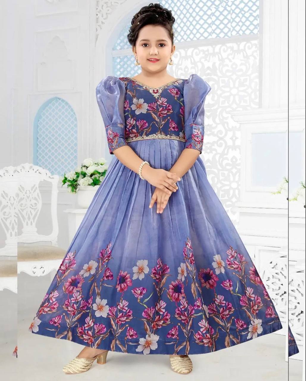 Girl's Taby Silk Digital Print Anarkali Gown With Dupatta