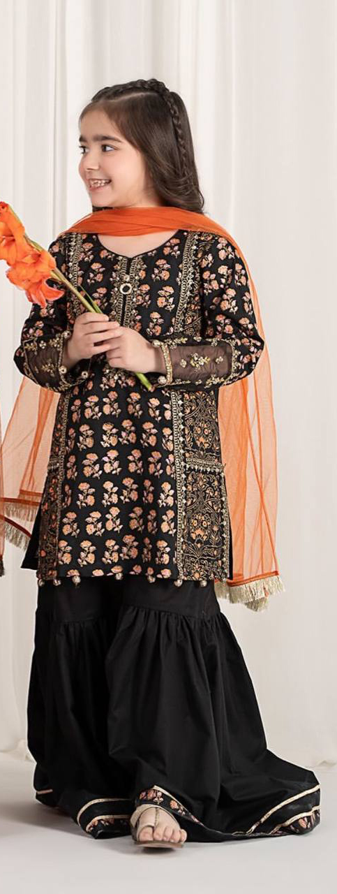 Girl's Chinon Embroidery Straight Kurta Sharara With Dupatta