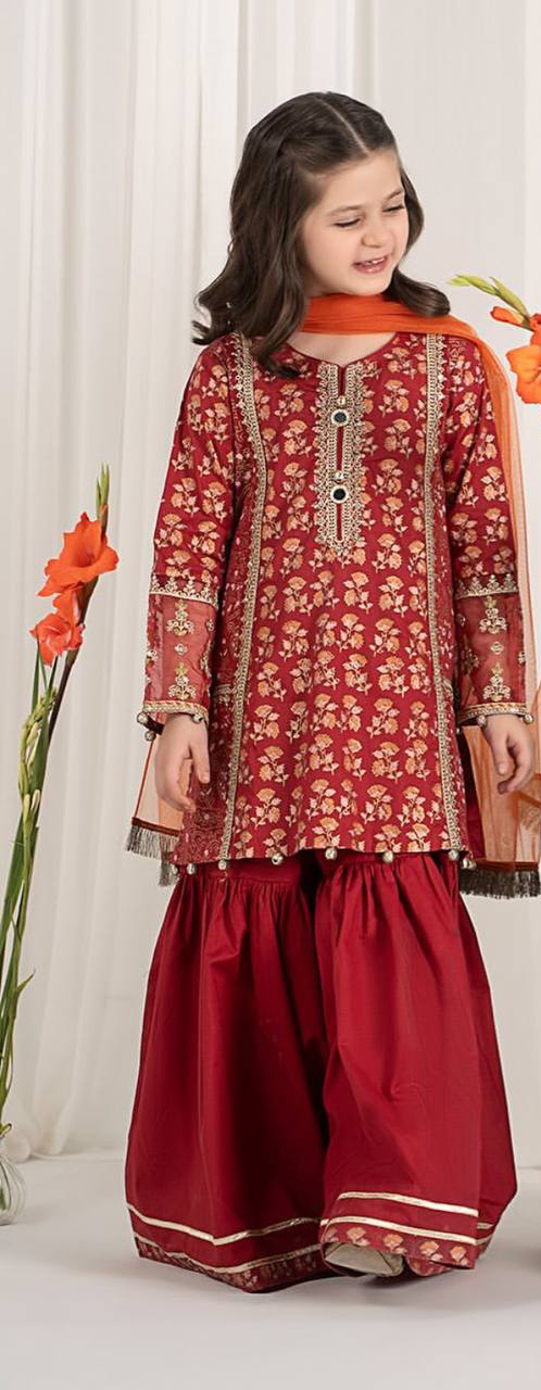 Girl's Chinon Embroidery Straight Kurta Sharara With Dupatta