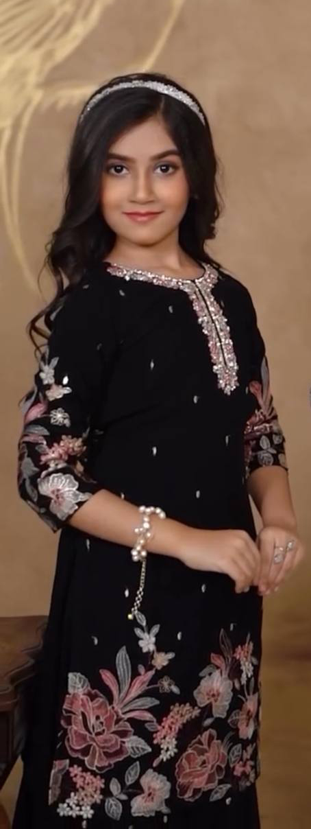Girl's Chinon Silk Embroidery Straight Kurta Sharara With Dupatta