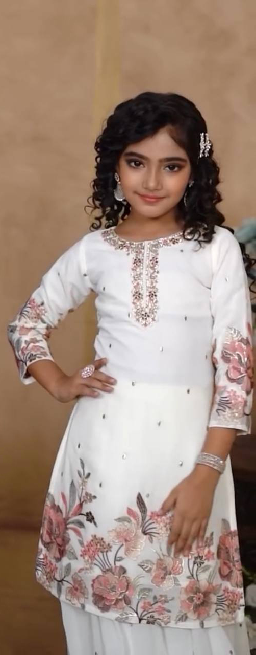 Girl's Chinon Silk Embroidery Straight Kurta Sharara With Dupatta