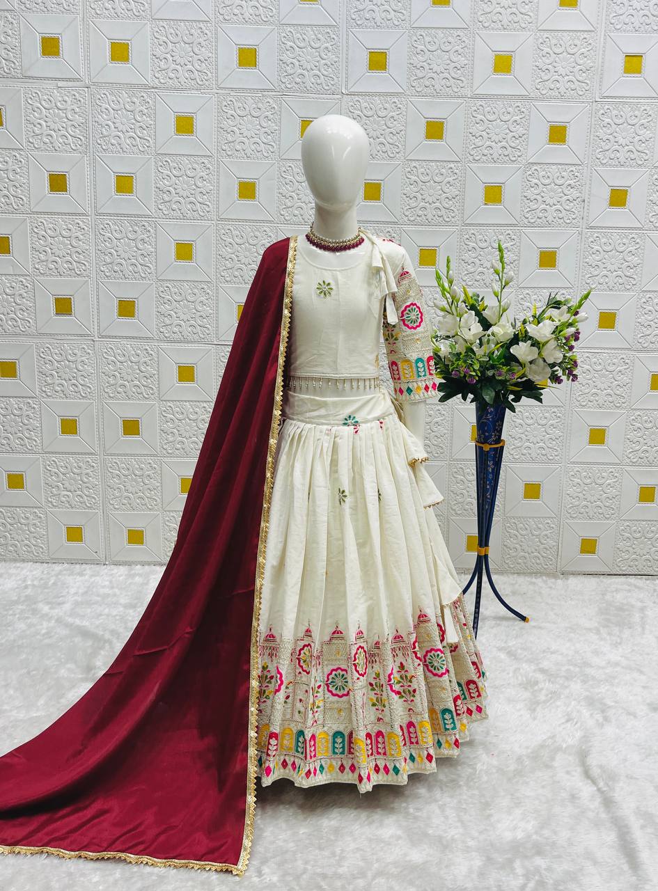 Girl's Chinon Silk Embroidery Straight Kurta Sharara With Dupatta