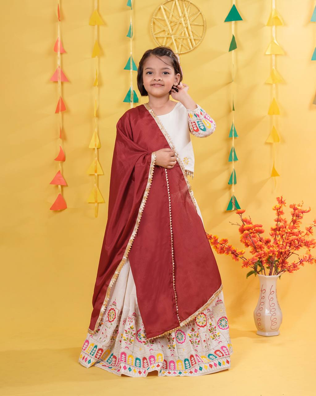 Girl's White Cotton Embroidery Lehenga Choli With Dupatta