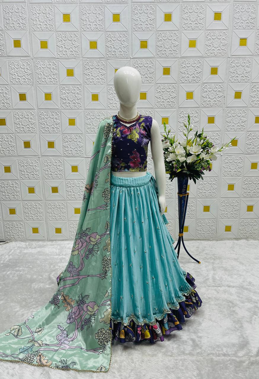 Girl's Sky Chinon Silk Embroidery Lehenga Choli With Dupatta