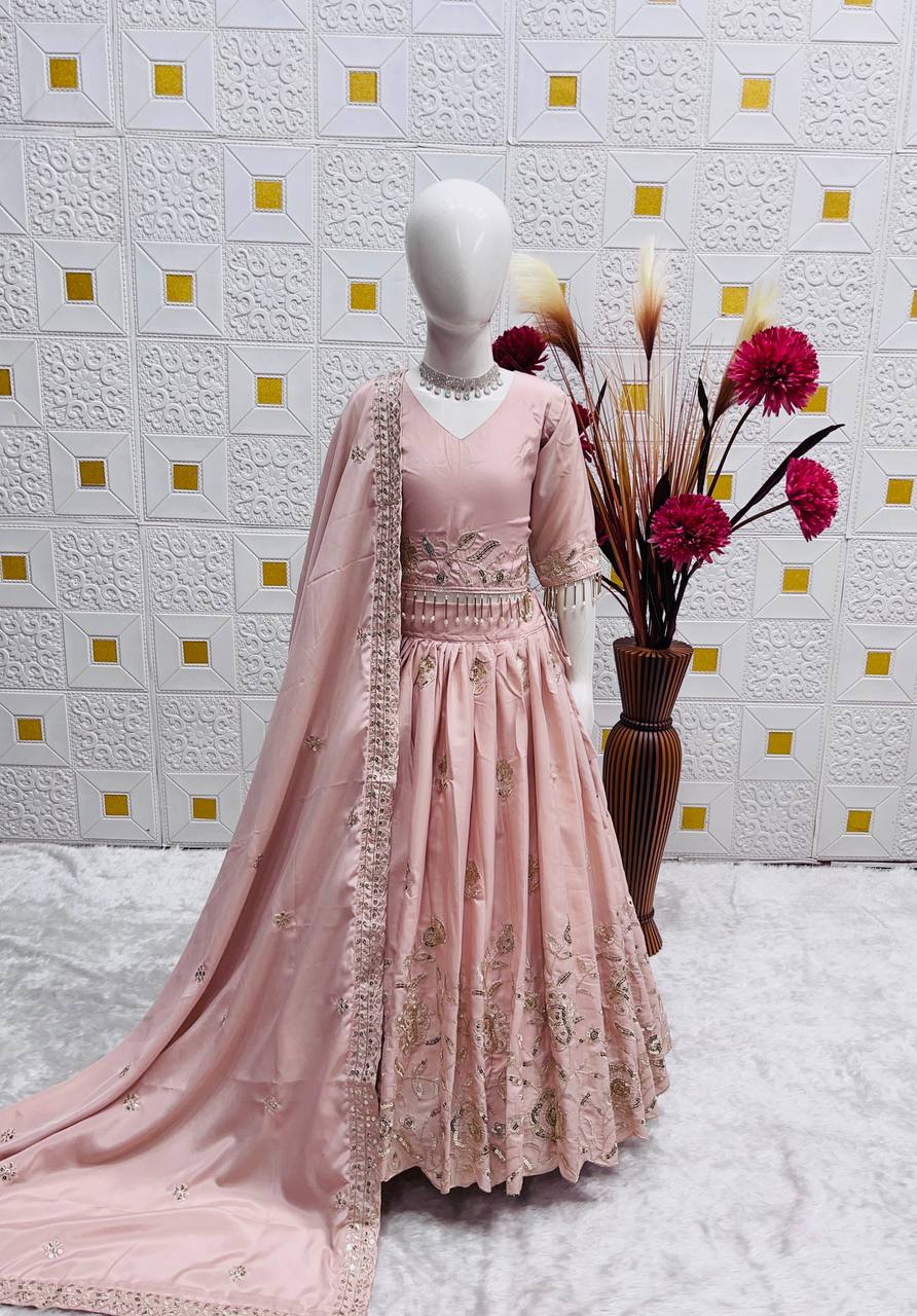 Girl's Crepe Embroidery Lehenga Choli With Dupatta