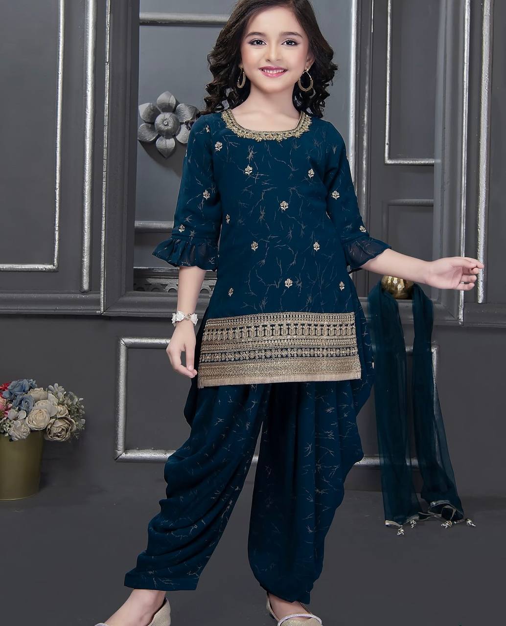 Girl's Chinon Embroidery Straight Kurta Dhoti With Dupatta